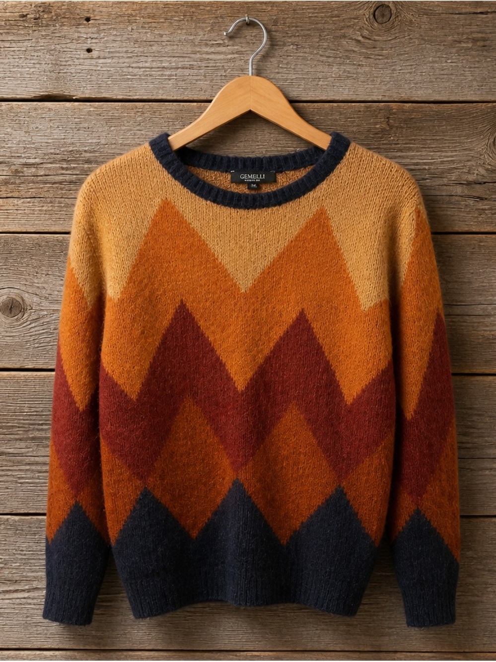 Chevron Crewneck Sweater mohair blend Rust/Gold/blue
